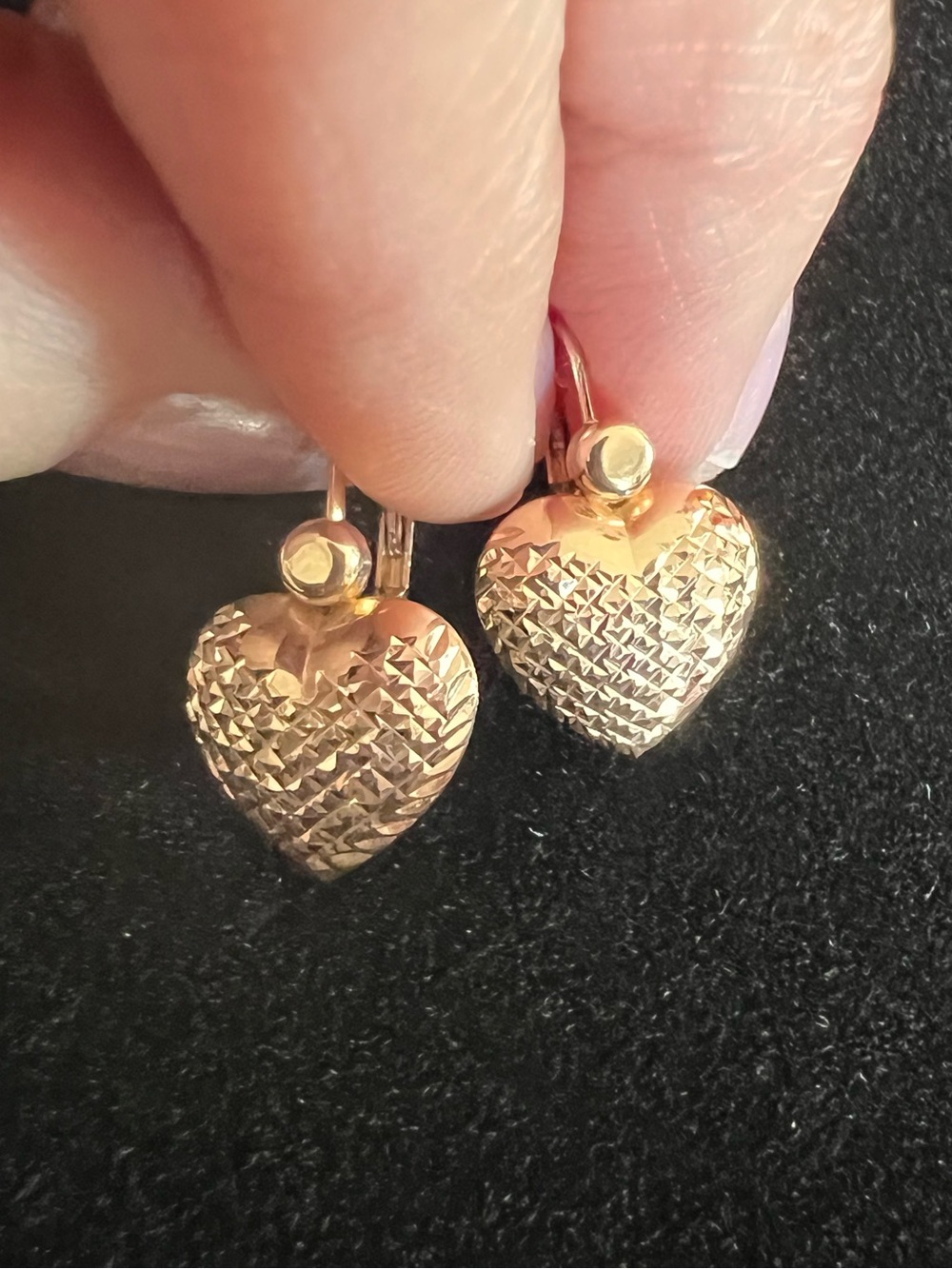 14k Solid Rose Gold Textured Heart Earrings - Picture 3 of 13